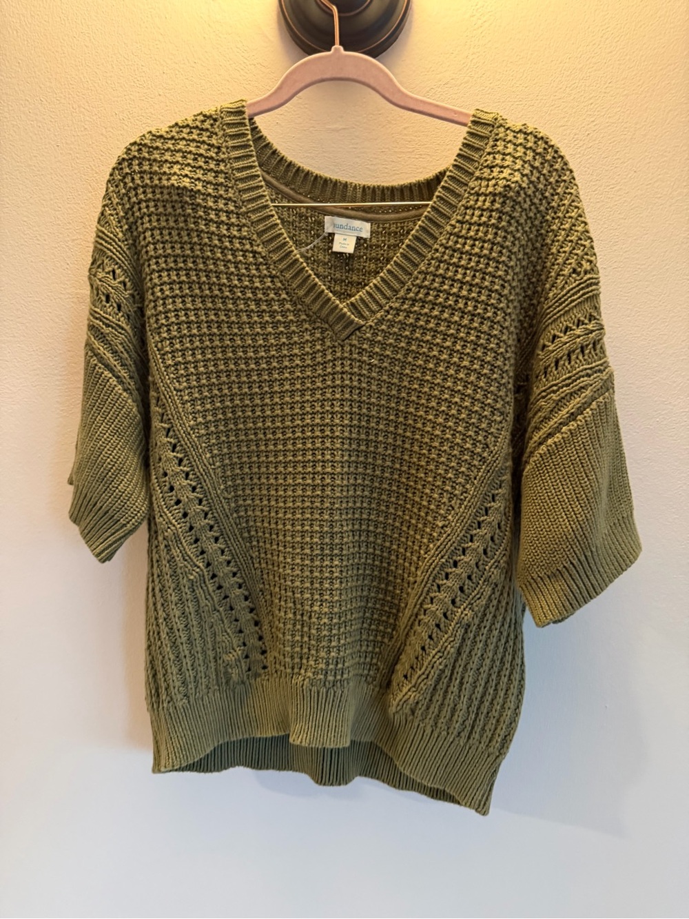 Sundance Olive Green V-Neck Short Sleeve Open Pointelle Knit Sweater Size M